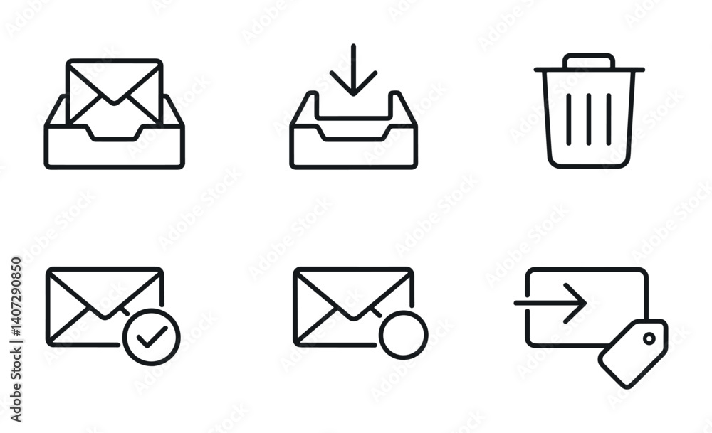 Poster outline vector icons of email management: inbox, archive, delete, spam, mark as read, mark as unread