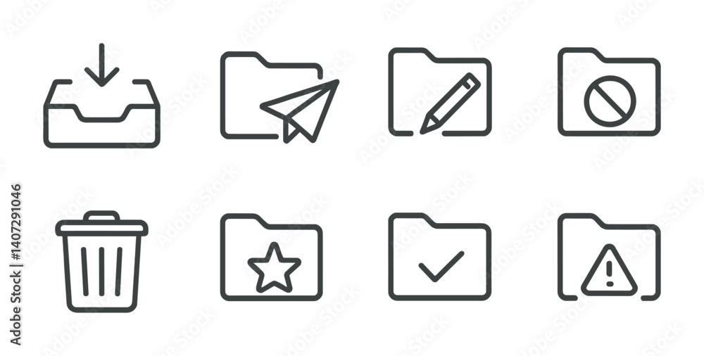 Poster outline vector icons of email management: inbox, archive, delete, spam, mark as read, mark as unread