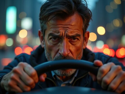 Hombre en medio del tr&aacute;fico pesado agarrando el volante con frustraci&oacute;n en su rostro