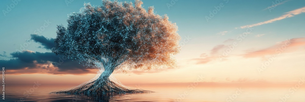 Leinwandbilder Conceptual tree with roots resembling a neural network showcasing the link between nature and organic intelligence at sunset by the water