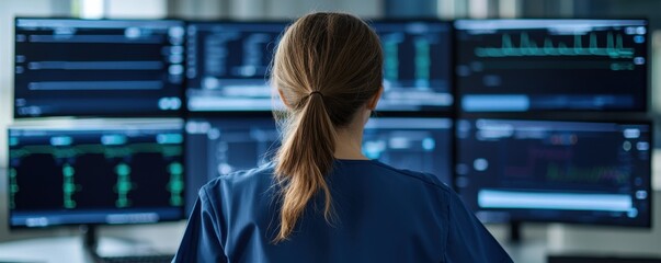 Monitoring medical data hospital control room digital display screens healthcare environment professional perspective