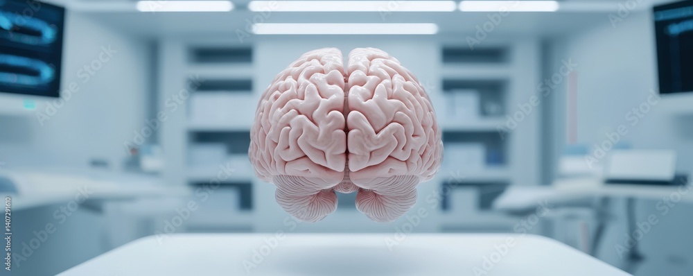 Poster floating brain model science laboratory 3d render clinical environment close-up view neurotechnology
