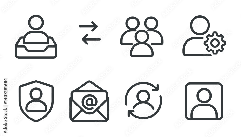 Poster outline vector icons of email accounts: inbox with profile, switch account, multi-account icon, acco