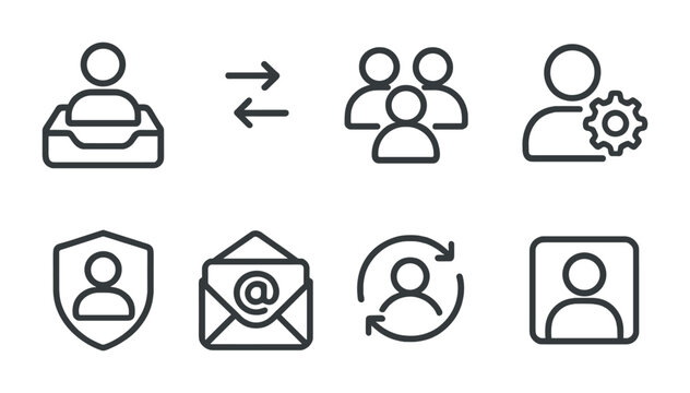 outline vector icons of email accounts: inbox with profile, switch account, multi-account icon, account settings, user role, email alias, account sync, profile image. No text. The icons should be