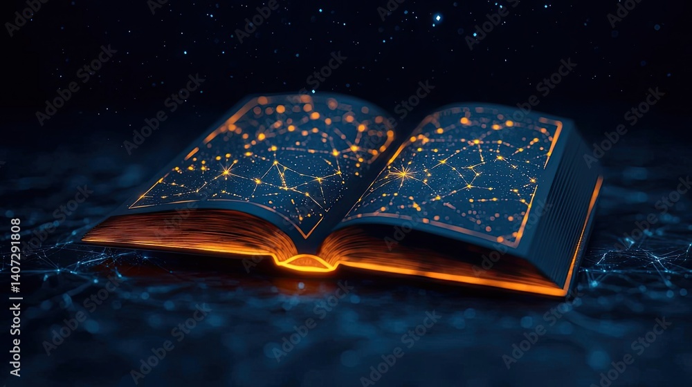 Poster open book under starry sky connecting space and knowledge concept. an open book with glowing, interc