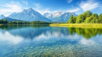Serene mountain lake landscape with crystal clear water and lush green trees reflecting majestic snow