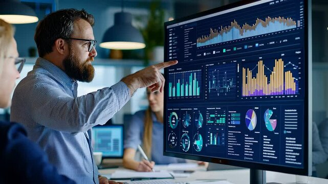 It man analyzing specialist and a data on graph screen in center global business analysis software testers with code pointing at computer screen displaying testing dashboard, Teamwork Office video 4k