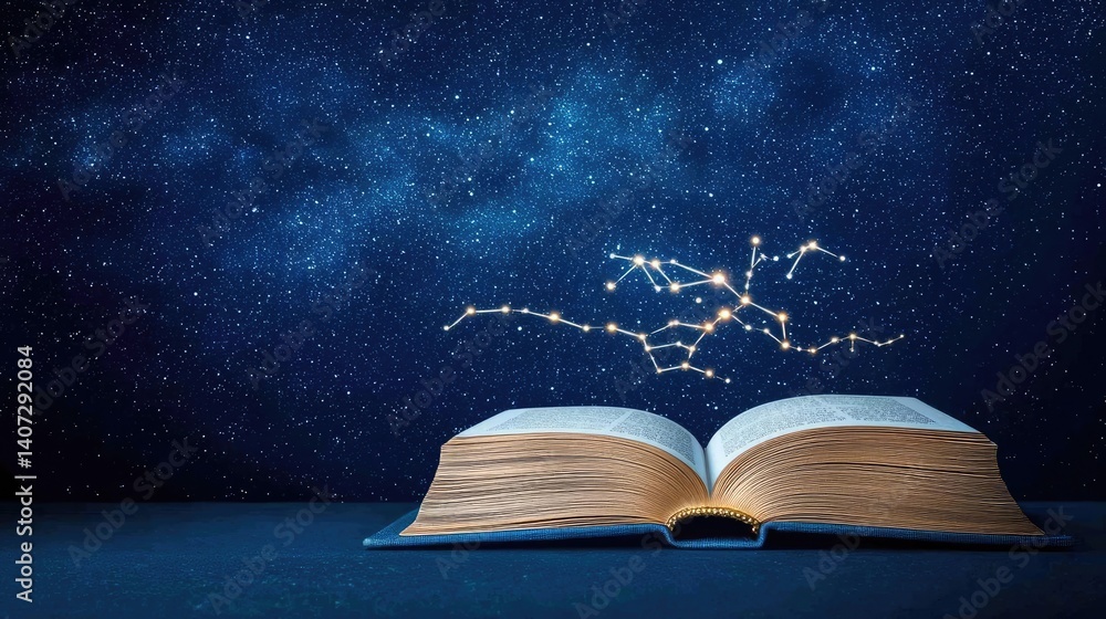 Poster open book under starry sky connecting space and knowledge concept. an open book under a starry sky w