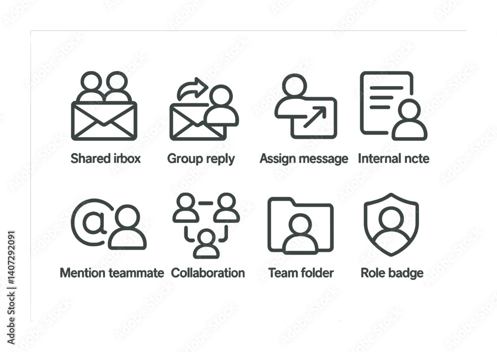 Poster outline vector icons of team email features: shared inbox, group reply, assign message, internal not