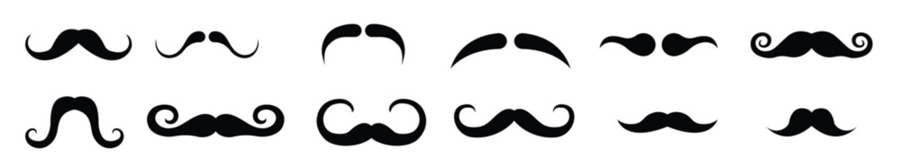 Set of vector illustrations of various mustache styles in black silhouettes. Includes a variety of shapes from classic curled mustaches to thick and wide types, ideal for design, icons, or templates
