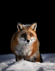 Obraz premium Red fox with snowy fur stands alert in the darkness.