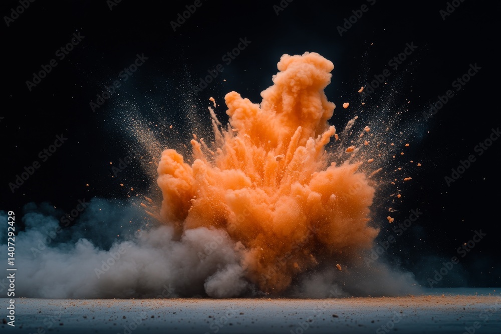 Aufkleber Capturing a powerful explosion with vibrant orange flames and thick gray smoke rising against a dark backdrop, creating an impactful visual experience