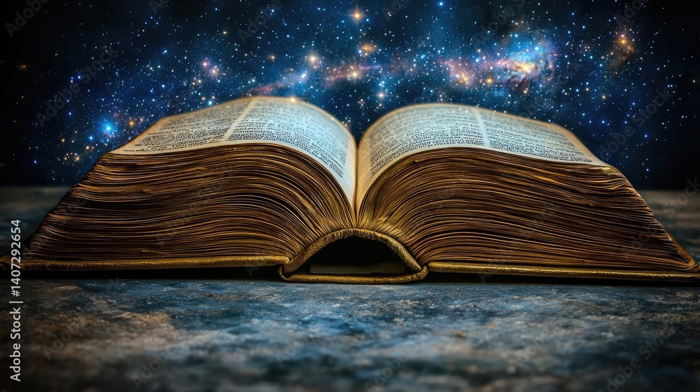 Poster open book under starry sky connecting space and knowledge concept. an open book against a cosmic bac