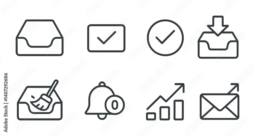 Poster outline vector icons of inbox zero tools: empty inbox, completed message, checkmark icon, archive al
