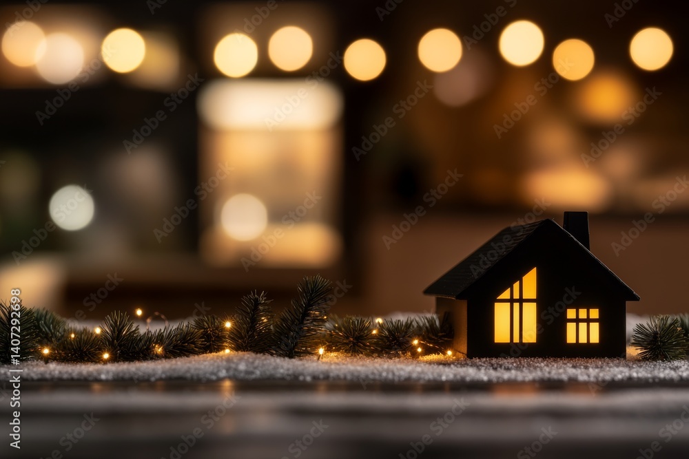 Poster a cozy miniature house with glowing windows sits amidst tiny pine trees on a delicate snowy surface,