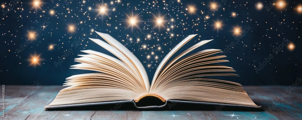 Poster open book under starry sky connecting space and knowledge concept. an open book with shining stars i