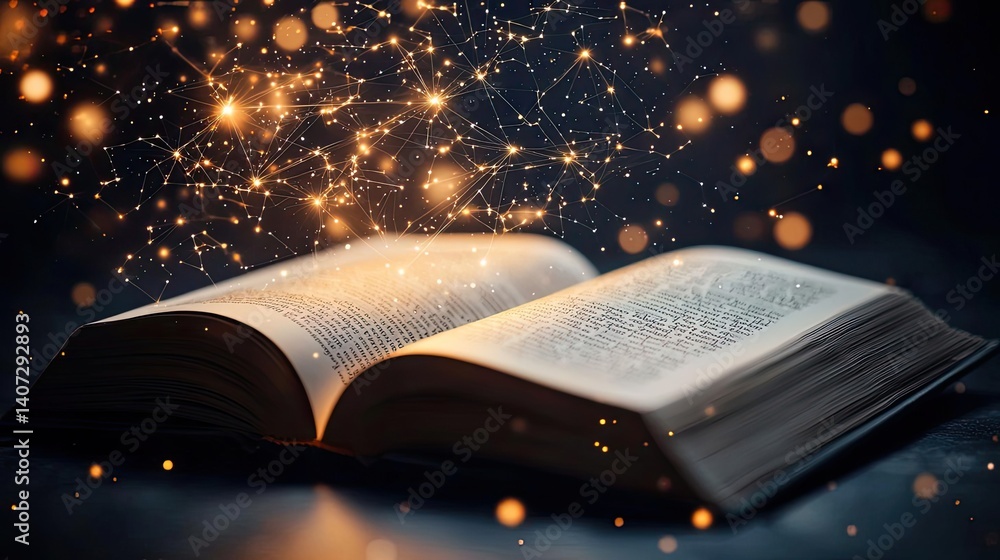 Aufkleber open book under starry sky unveiling galaxy of imagination concept. an open book with magical sparks
