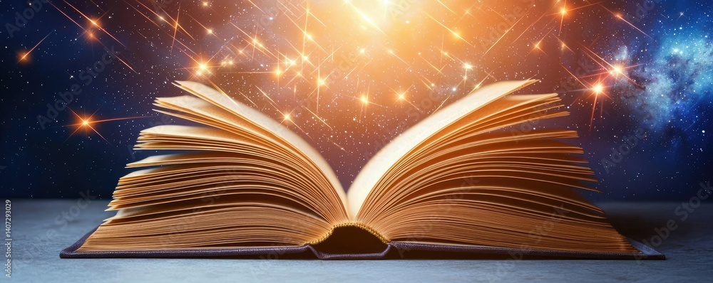 Poster open book under starry sky connecting space and knowledge concept. an open book with cosmic sparkles