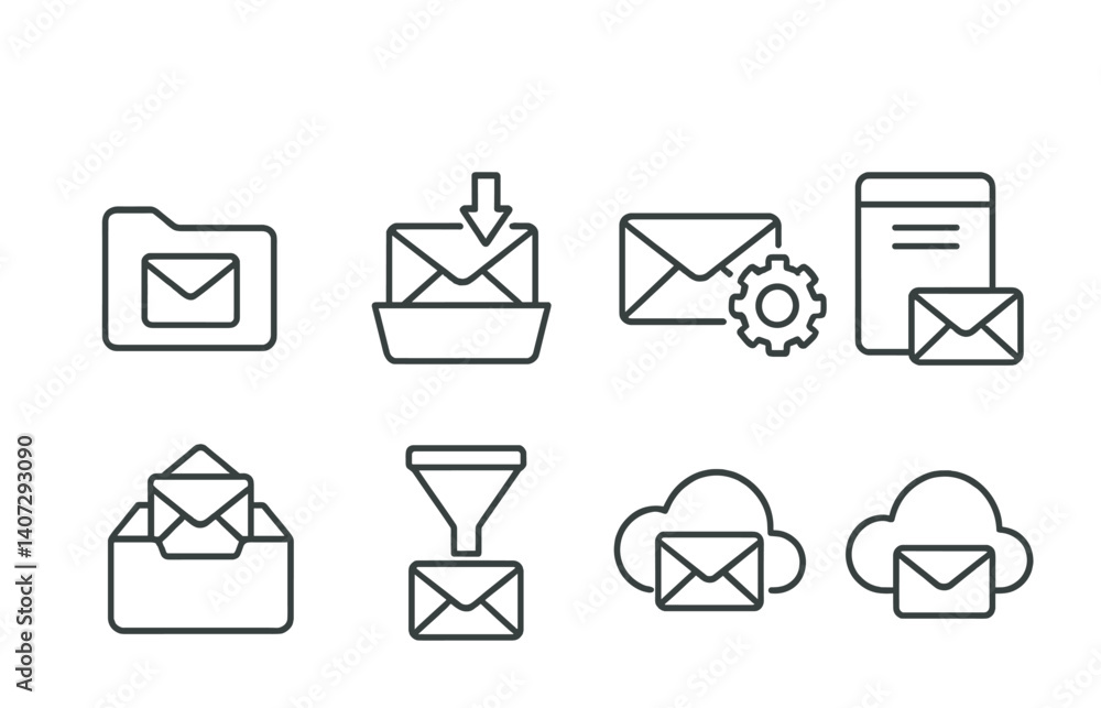 Poster outline vector icons of email management: inbox, archive, delete, spam, mark as read, mark as unread