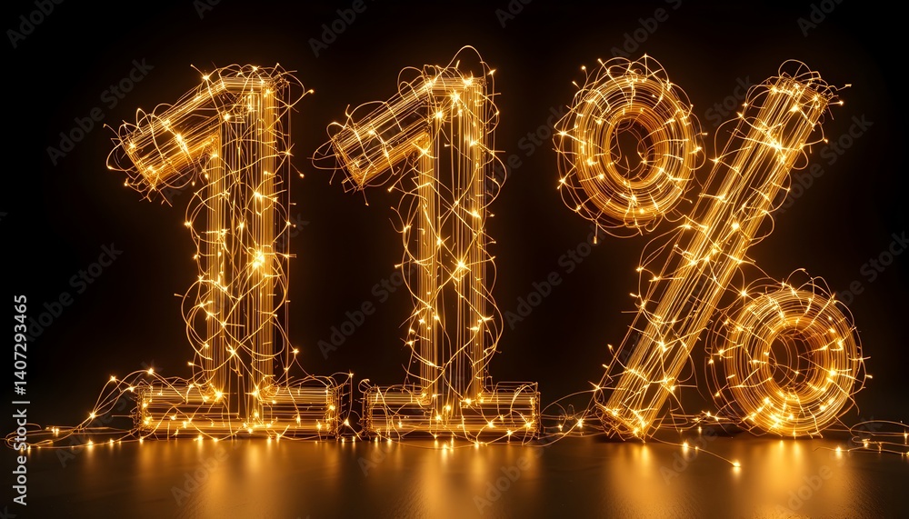 Poster illuminated eleven percent symbol displayed with strings of golden lights