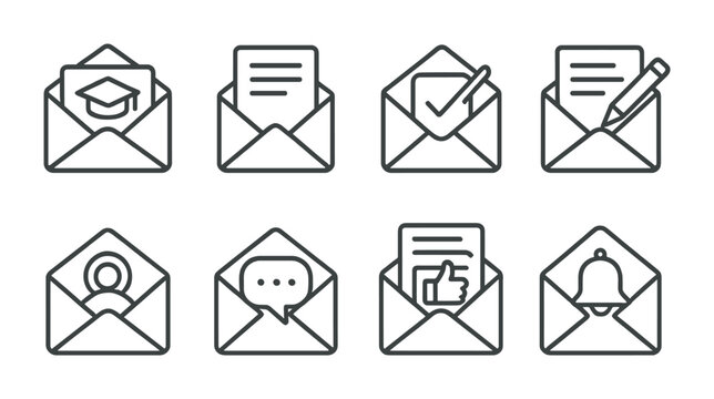 outline vector icons of educational emails: course email, lesson update, enrollment confirmation, assignment notice, student message, feedback email, online class invite, study reminder. No text. The