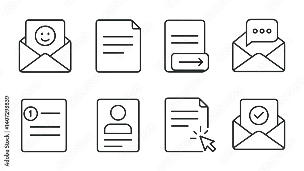 Poster outline vector icons of welcome emails: greeting header, welcome text, get started button, intro mes