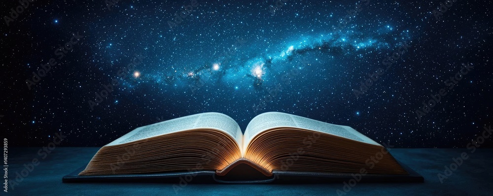 Poster open book under starry sky connecting space and knowledge concept. an open book against a starry sky