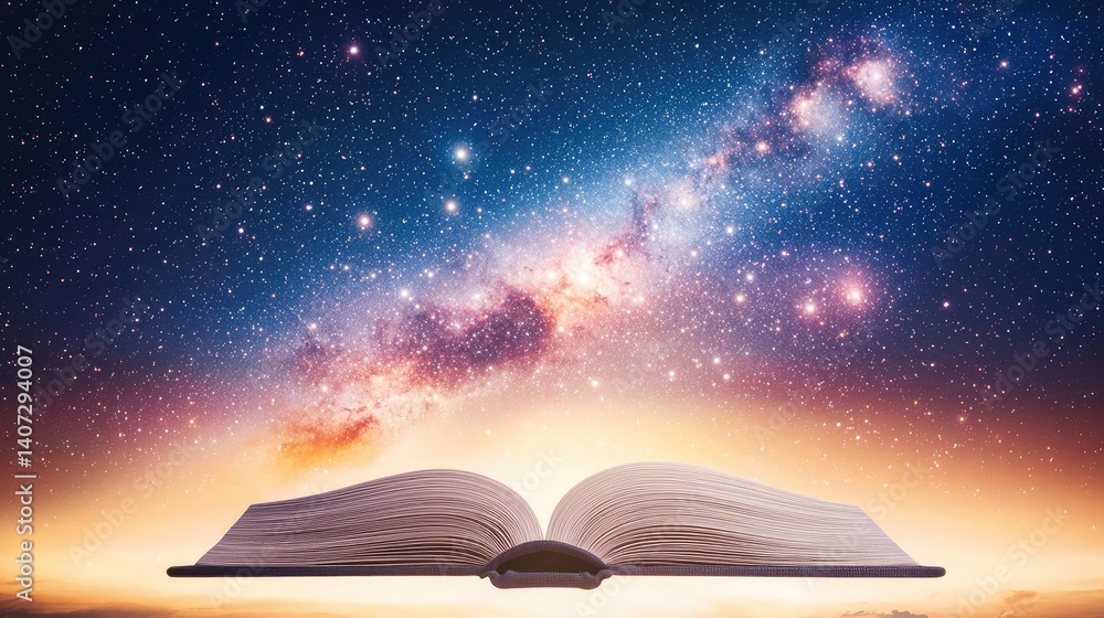 Poster open book under starry sky unveiling galaxy of imagination concept. an open book with a cosmic backg