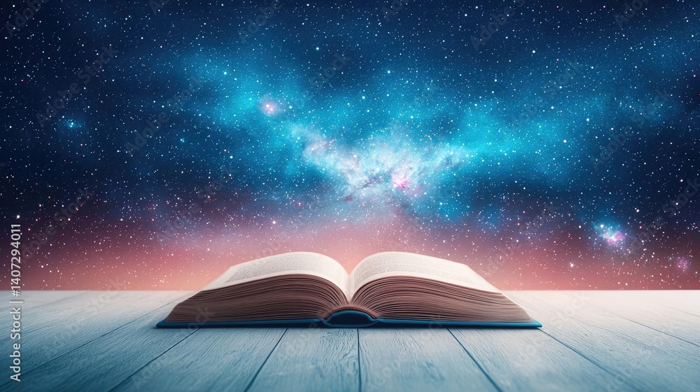 Poster open book under starry sky unveiling galaxy of imagination concept. an open book under a starry sky 