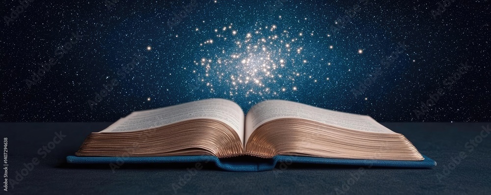 Poster open book under starry sky unveiling galaxy of imagination concept. an open book with a magical glow