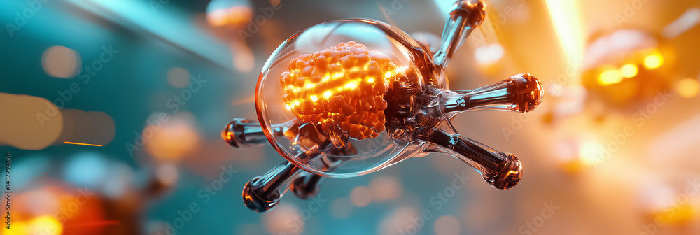 Poster 3d rendering of intricate molecular structure with glowing components. futuristic digital environmen