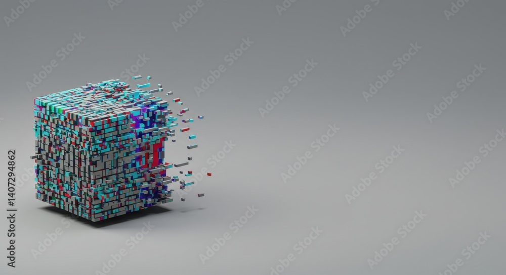 Poster abstract 3d render of a disintegrating cube: colorful blocks deconstructing into digital space