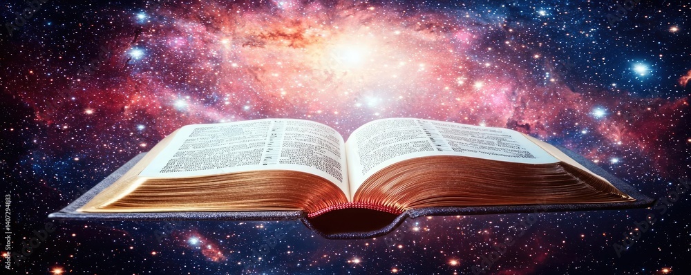 Poster open book under starry sky connecting space and knowledge concept. a mystical book open in the vast 