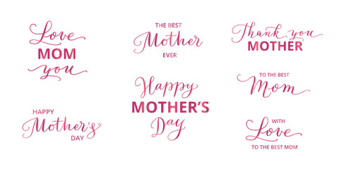 Happy mother's day typography, calligraphy. Love you Mom text. For mothers day greeting cards, banners, social media posts, invitations, photo overlays. Transparent background in vector file.