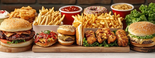 Various delicious fast foods set, unhealthy fast foods isolated on white background. assortment junk foods. beef burger, chicken burger, grilled sandwich, donut, ramen noodles, fries, spring rolls.