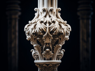 Marble column with classical fluting and deep carvings, crowned with ornate strength projecting