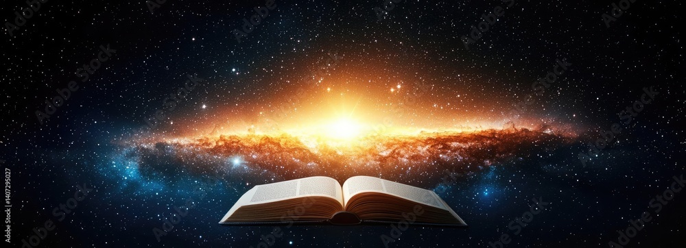 Poster open book under starry sky unveiling galaxy of imagination concept. open book with a cosmic backgrou
