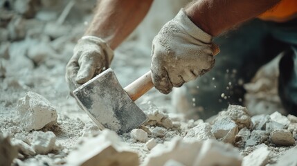 Demolition worker using a hammer and chisel to break concrete. Featuring strength and expertise