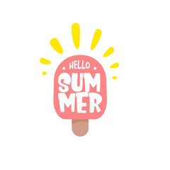 Hello summer pink groovy aesthetic sticker with melting ice cream isolated on white. Hello summer motto sticker, tag, kids label, banner, poster, label png with quote.