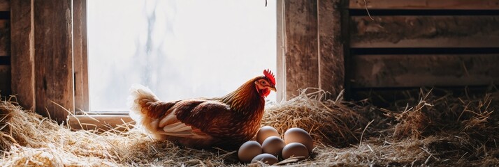 Brown hen is sitting on fresh eggs in a nest made of straw inside rustic chicken coop with natural light shining through window, creating a peaceful farm scene