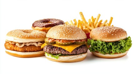 Various delicious fast foods set, unhealthy fast foods isolated on white background. assortment junk foods. beef burger, chicken burger, grilled sandwich, donut, ramen noodles, fries, spring rolls.