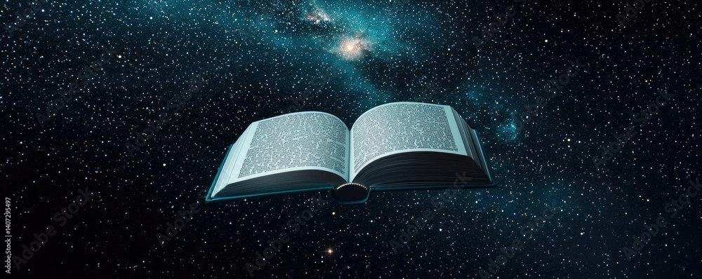 Poster open book under starry sky unveiling galaxy of imagination concept. open book floating in space with
