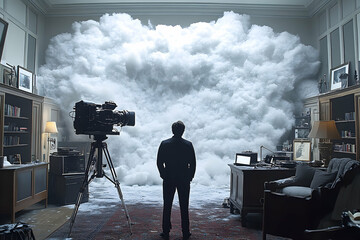 Fototapeta premium Man faces massive cloud in historic office