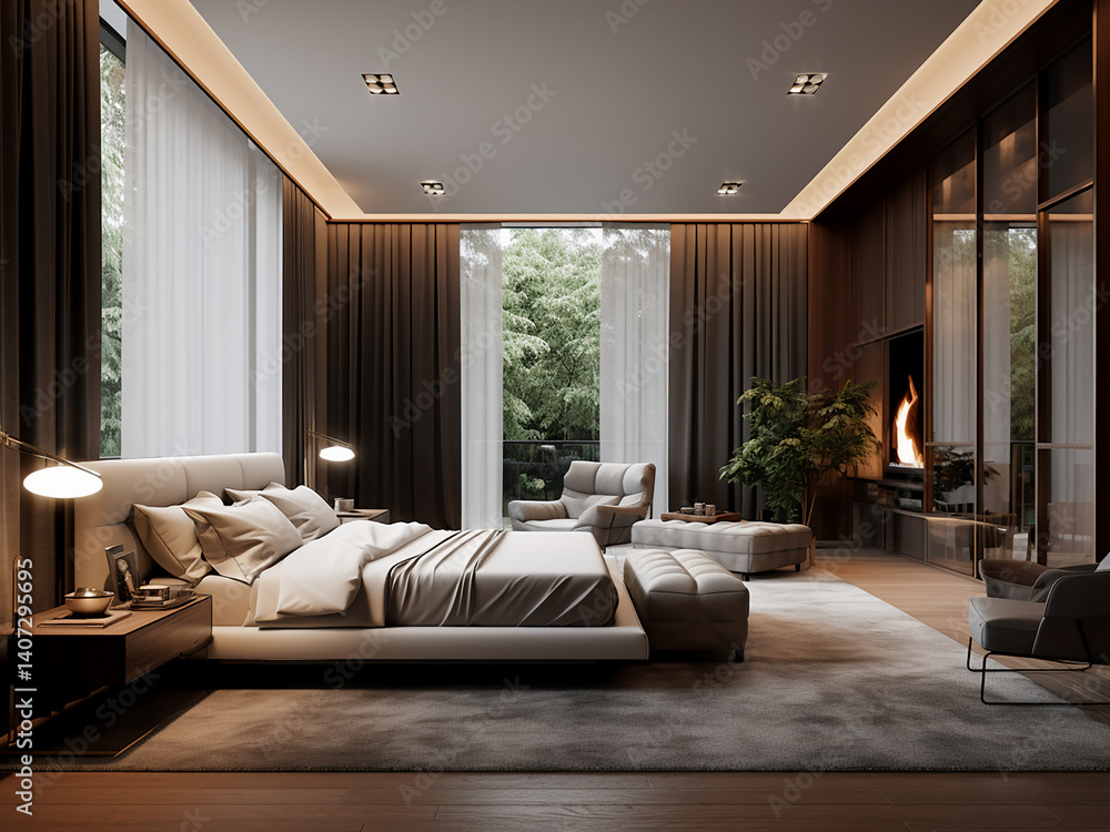 Poster spacious master suite with a large bed and grand lighting creating soft luxury in the space