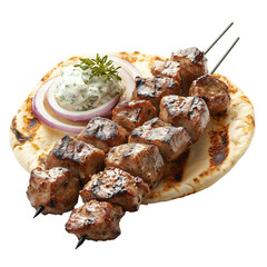 Grilled souvlaki skewers with pita bread, tzatziki, onions and fresh herbs. A traditional Greek meal full of flavor.
