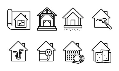Obraz premium outline vector icons of home renovation: paint roller, blueprint, hard hat, sledgehammer, floor plan, measuring tape, renovation icon, construction debris. No text. The icons should be clean.