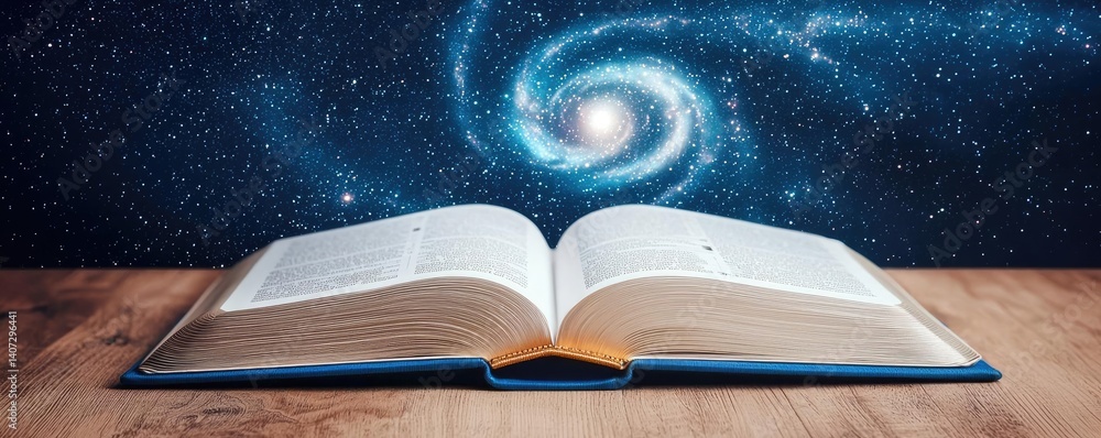 Poster open book under starry sky unveiling galaxy of imagination concept. a cosmic visual of an open book 