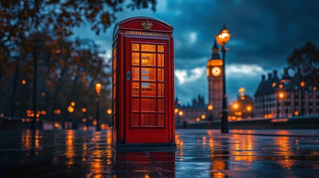 Rainy London Evening.  Iconic red phone box