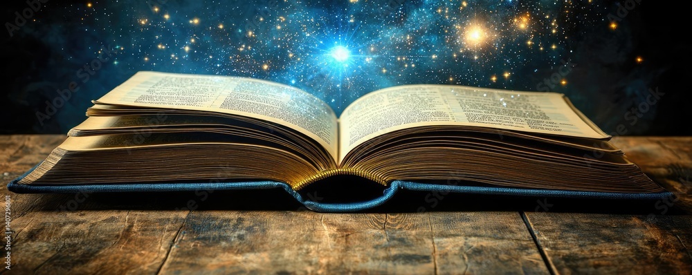 Poster open book under starry sky connecting space and knowledge concept. an open book with a cosmic backdr
