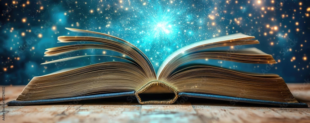 Poster open book under starry sky connecting space and knowledge concept. an open book reveals a universe o